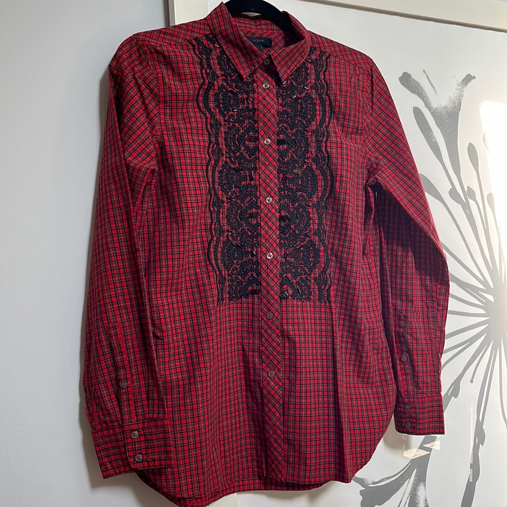 J Crew Red Holiday Plaid Beaded Embellished Button-Down 8